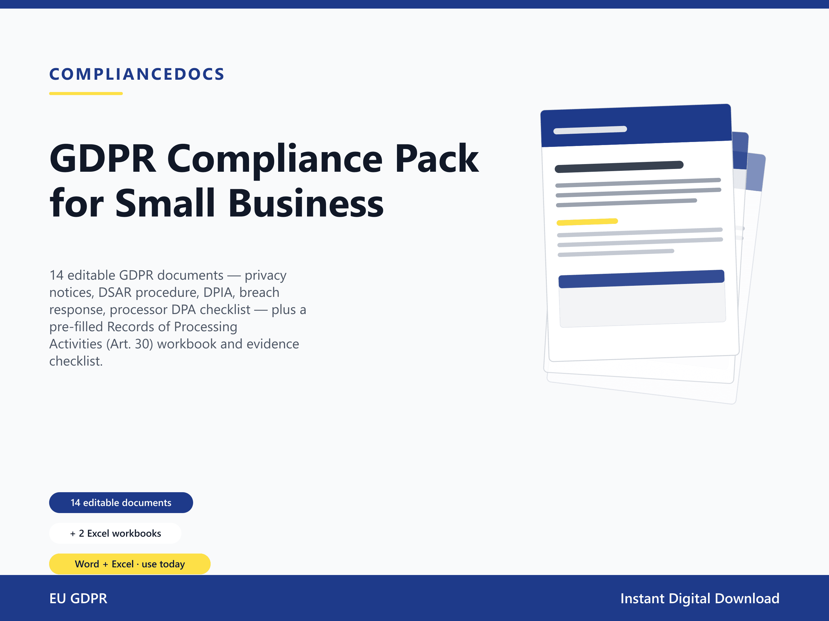 GDPR Compliance Pack for Small Business — 14 editable EU GDPR document templates in Word and Excel