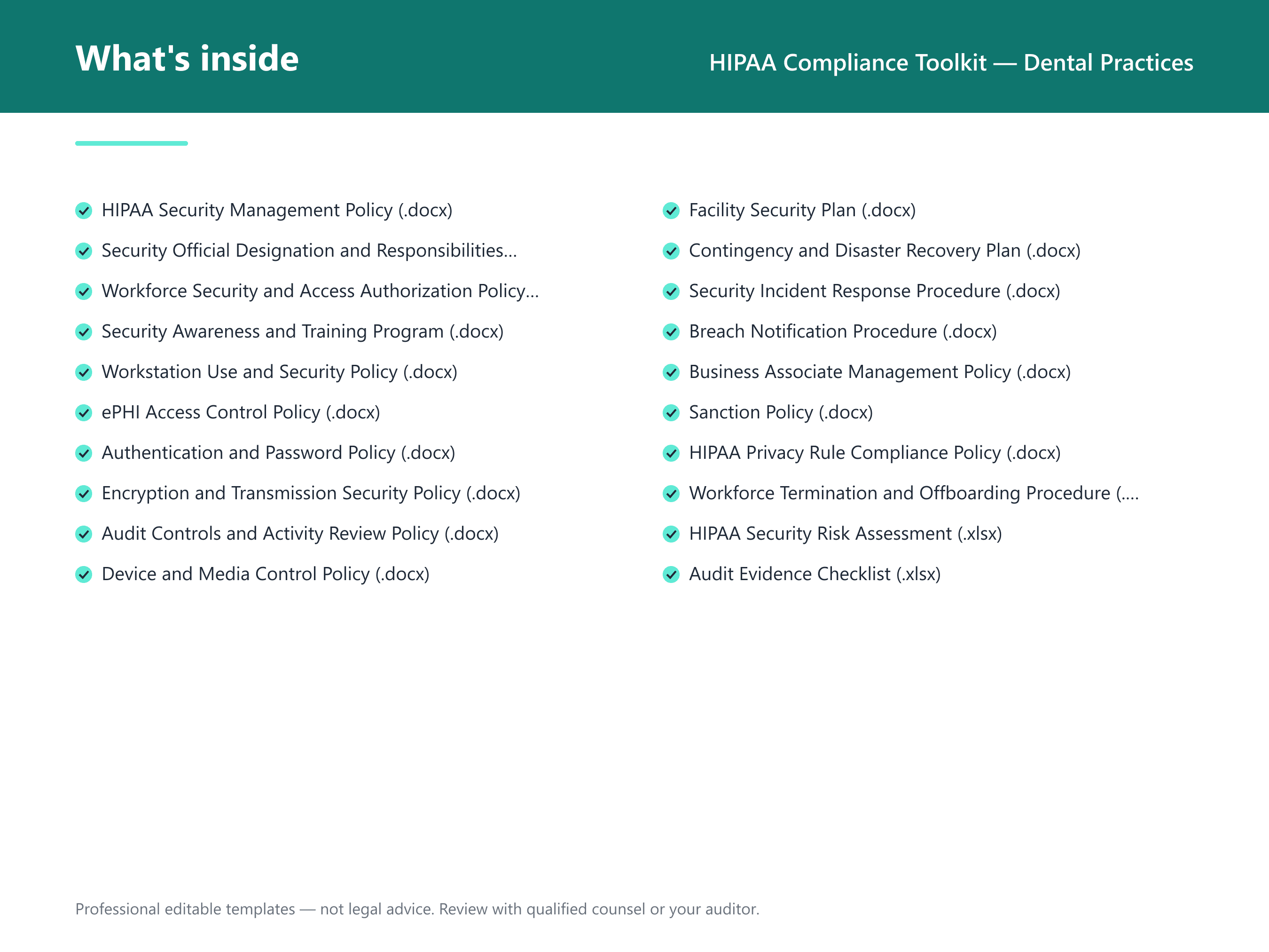 What's inside the HIPAA Compliance Toolkit — Dental Practices — 18 compliance document templates
