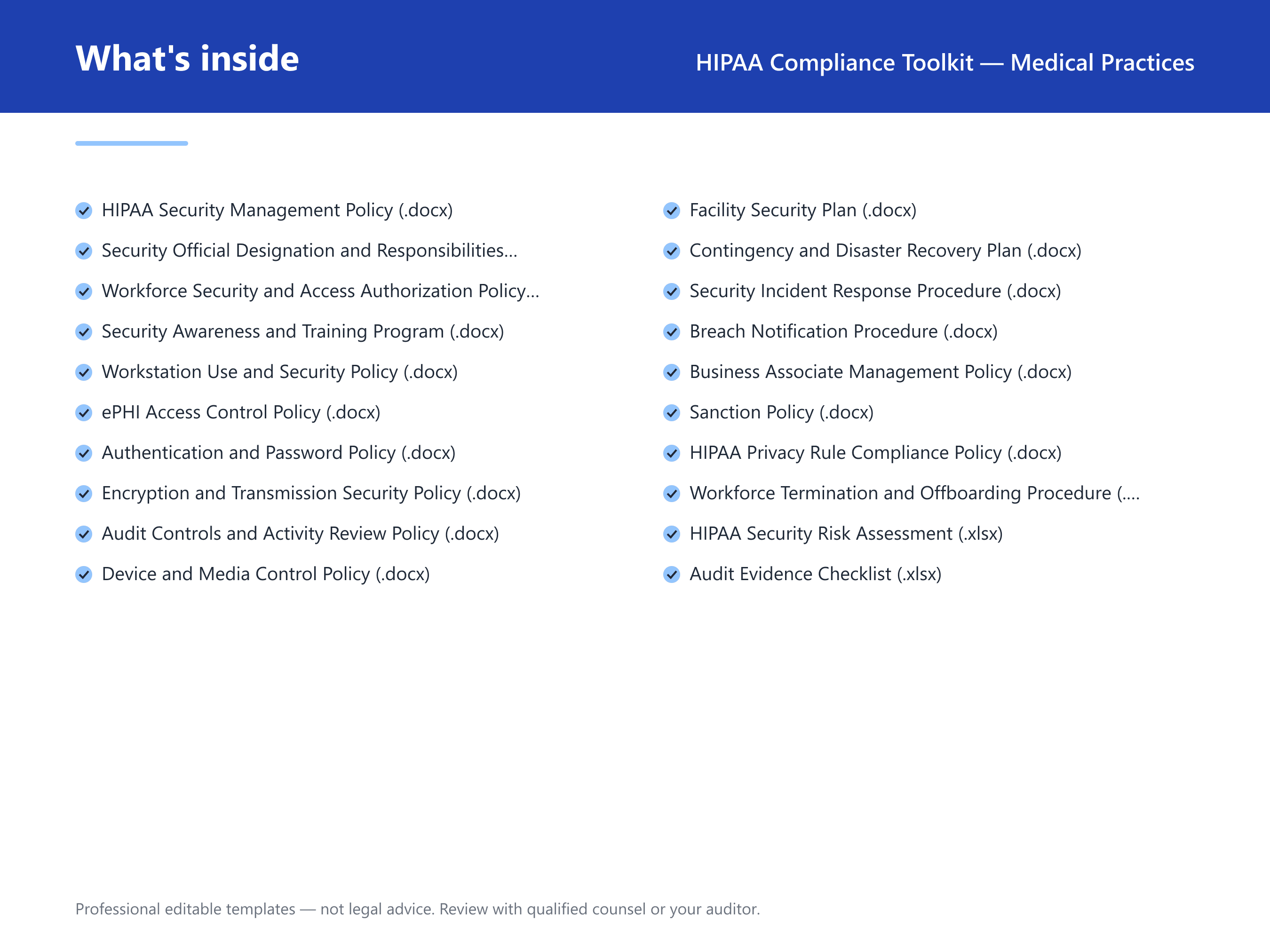 What's inside the HIPAA Compliance Toolkit — Medical Practices — 18 compliance document templates