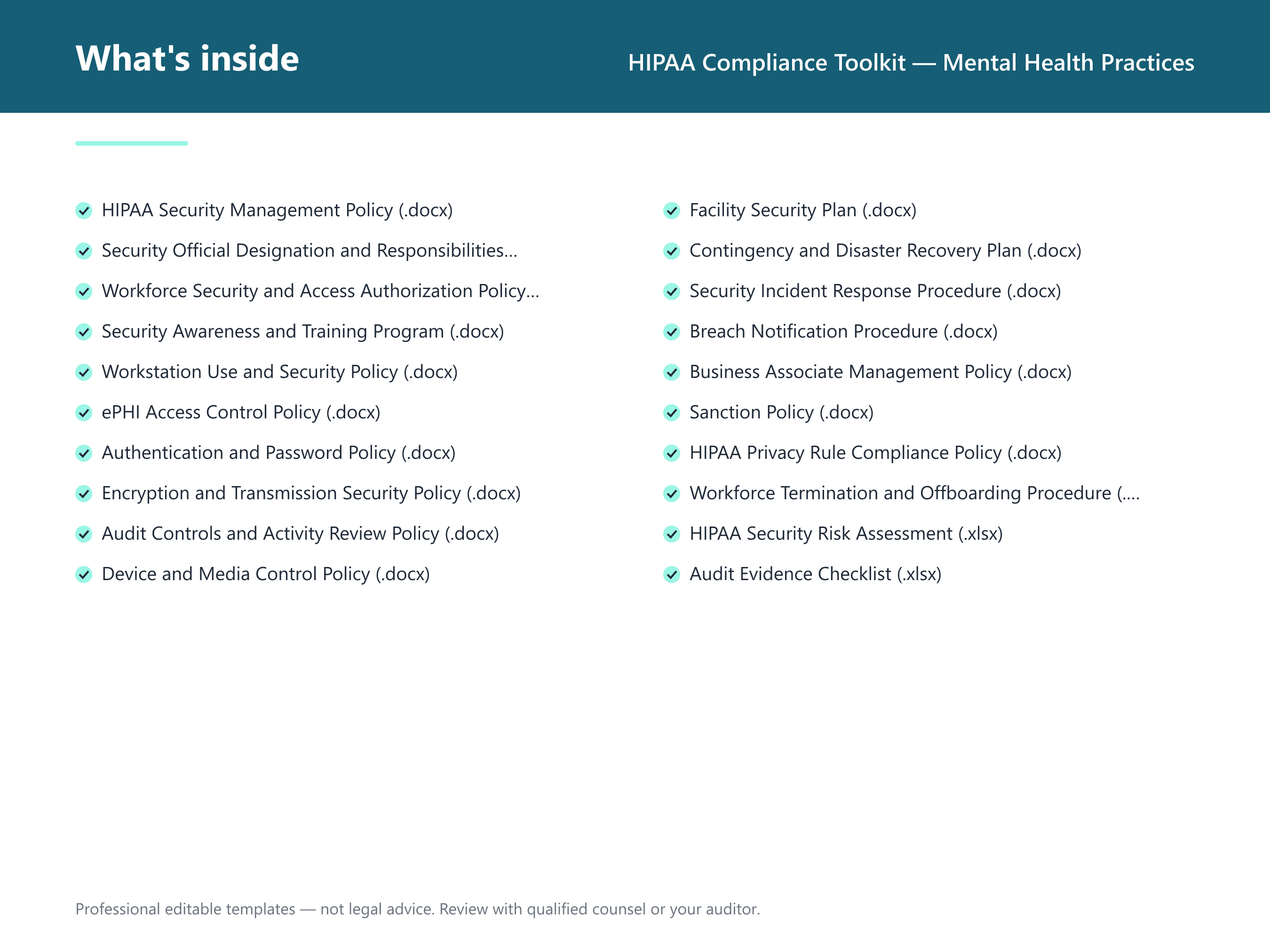 What's inside the HIPAA Compliance Toolkit — Mental Health Practices — 18 compliance document templates