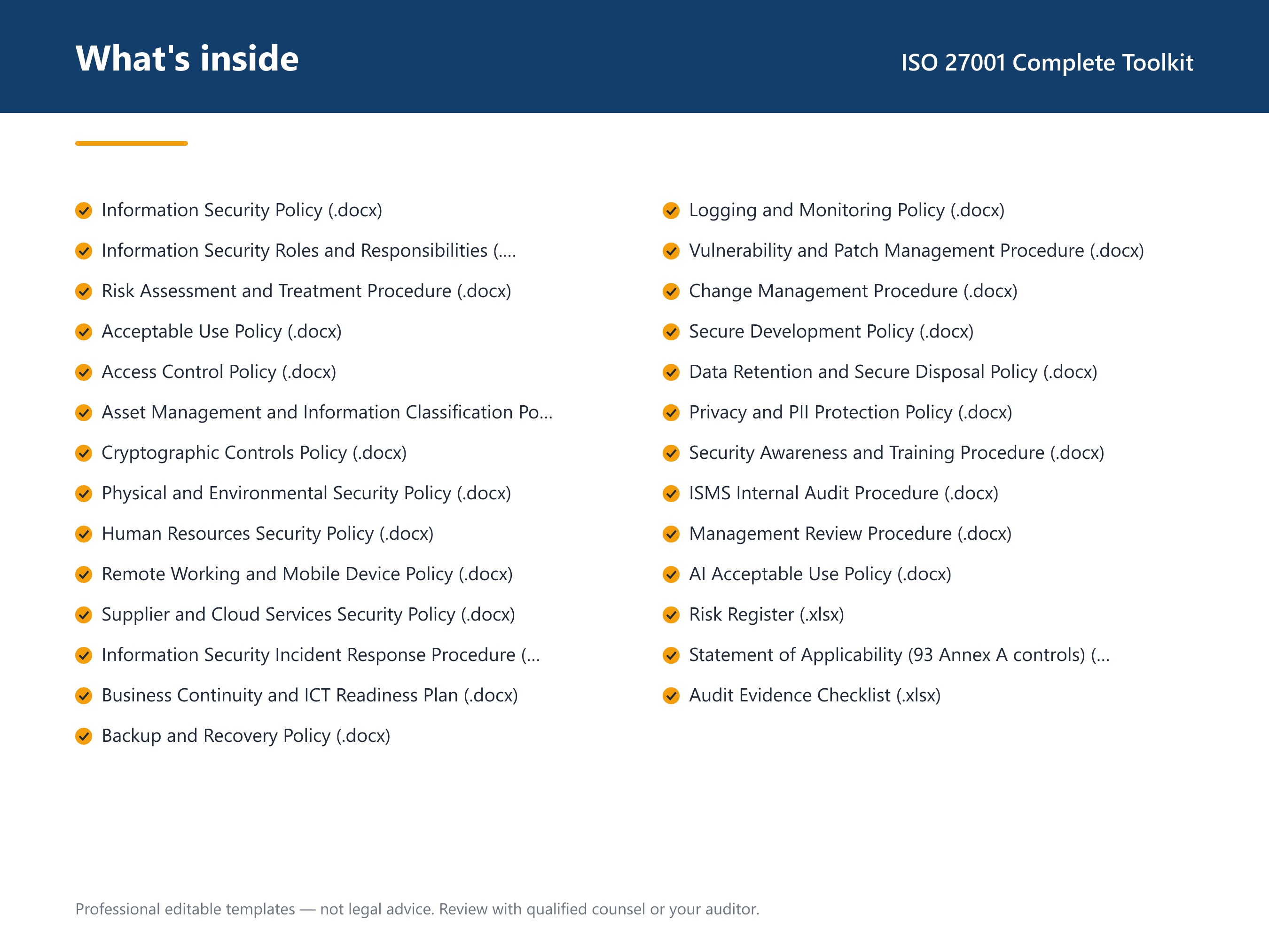 What's inside the ISO 27001 Complete Toolkit — 24 compliance document templates