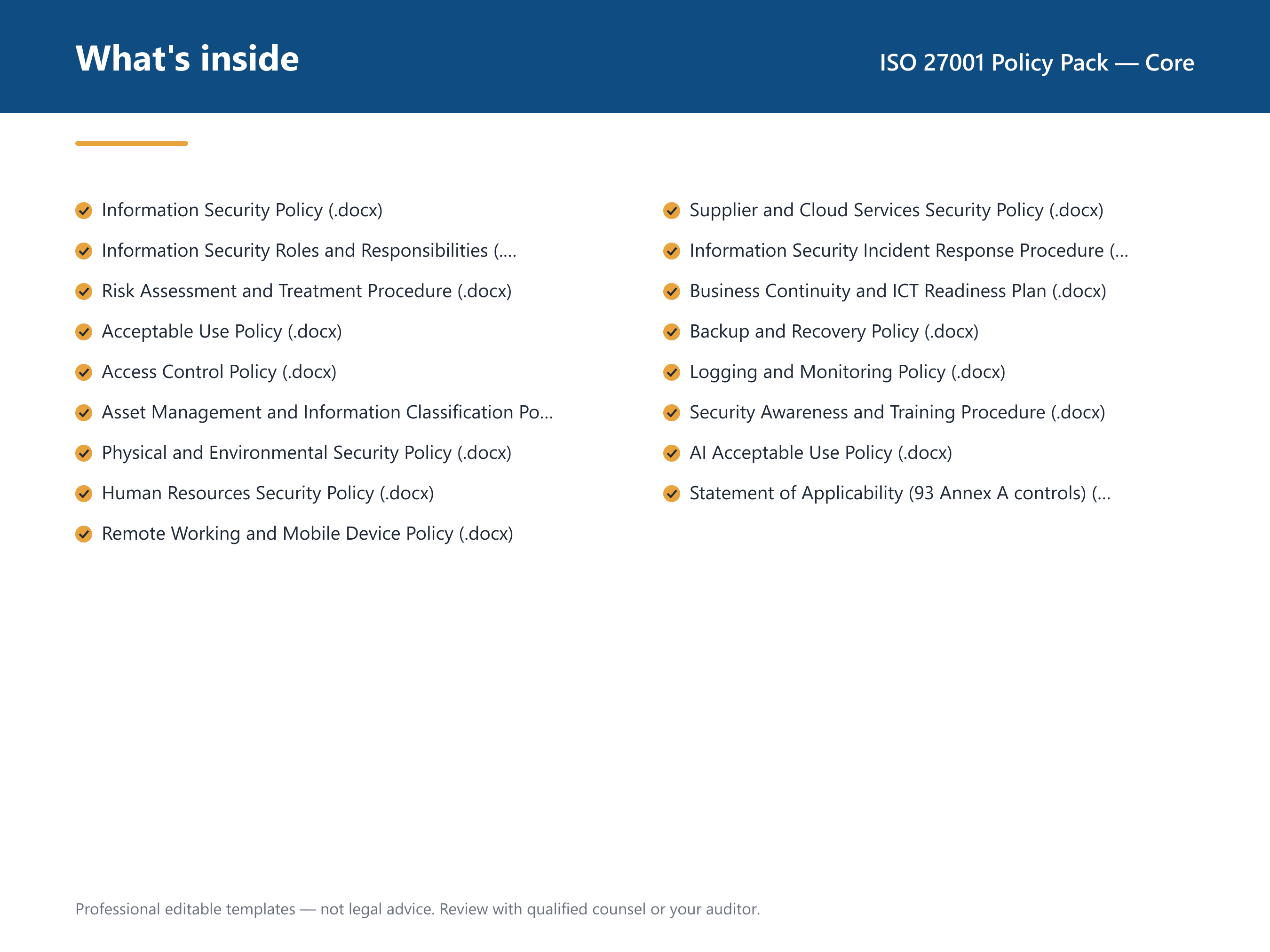 What's inside the ISO 27001 Policy Pack — Core — 16 compliance document templates