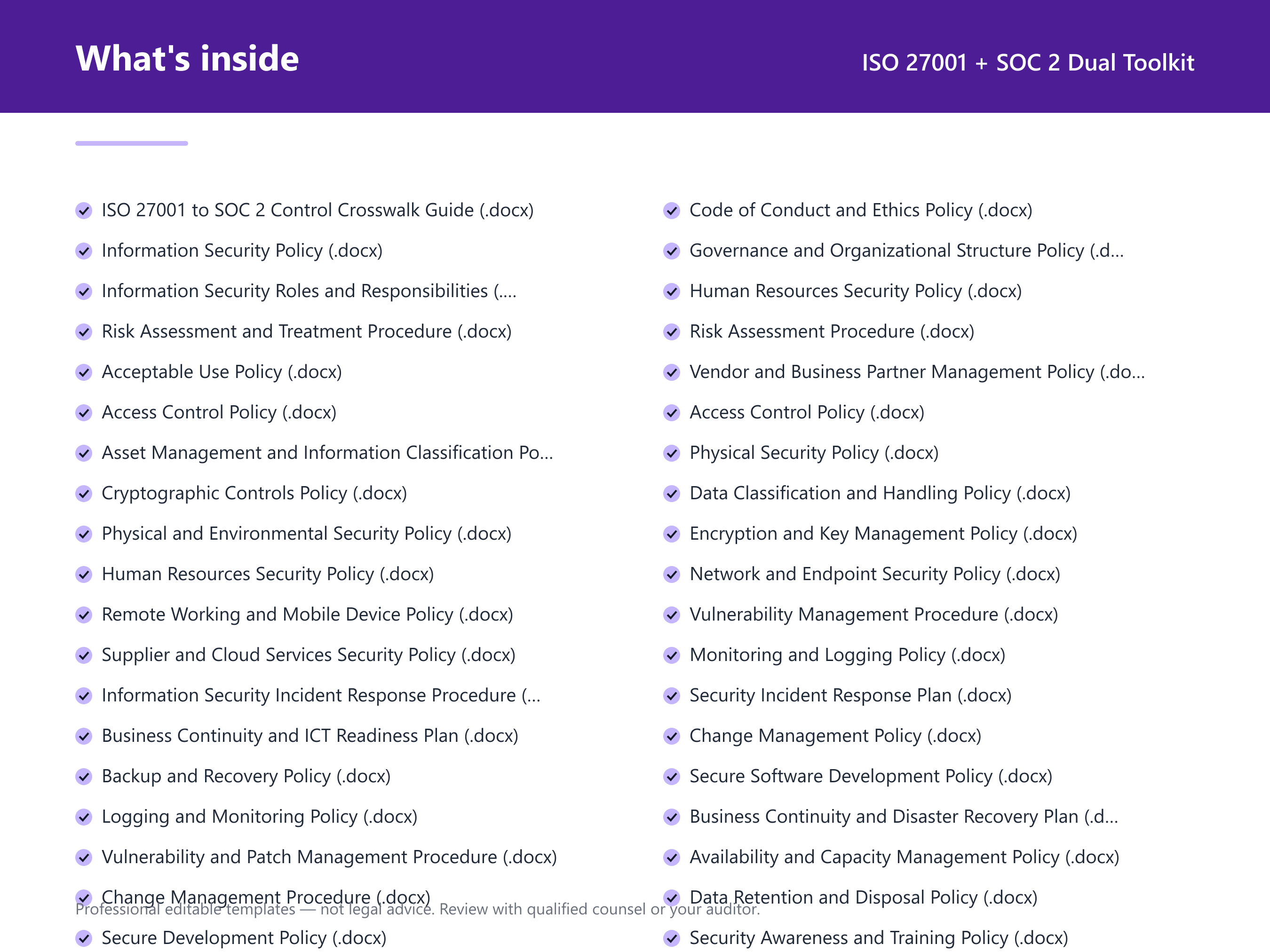 What's inside the ISO 27001 + SOC 2 Dual Toolkit — 47 compliance document templates