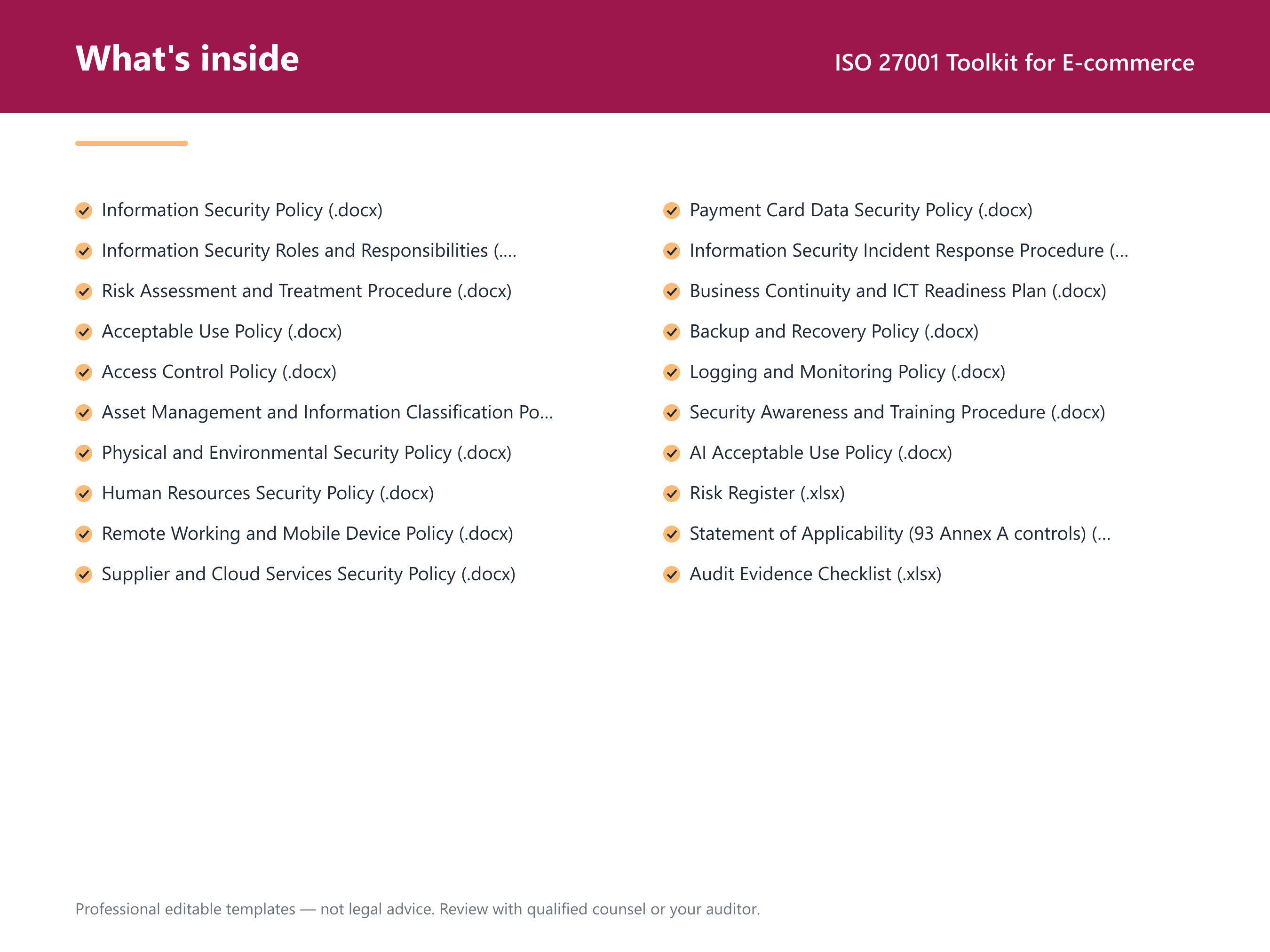 What's inside the ISO 27001 Toolkit for E-commerce — 17 compliance document templates