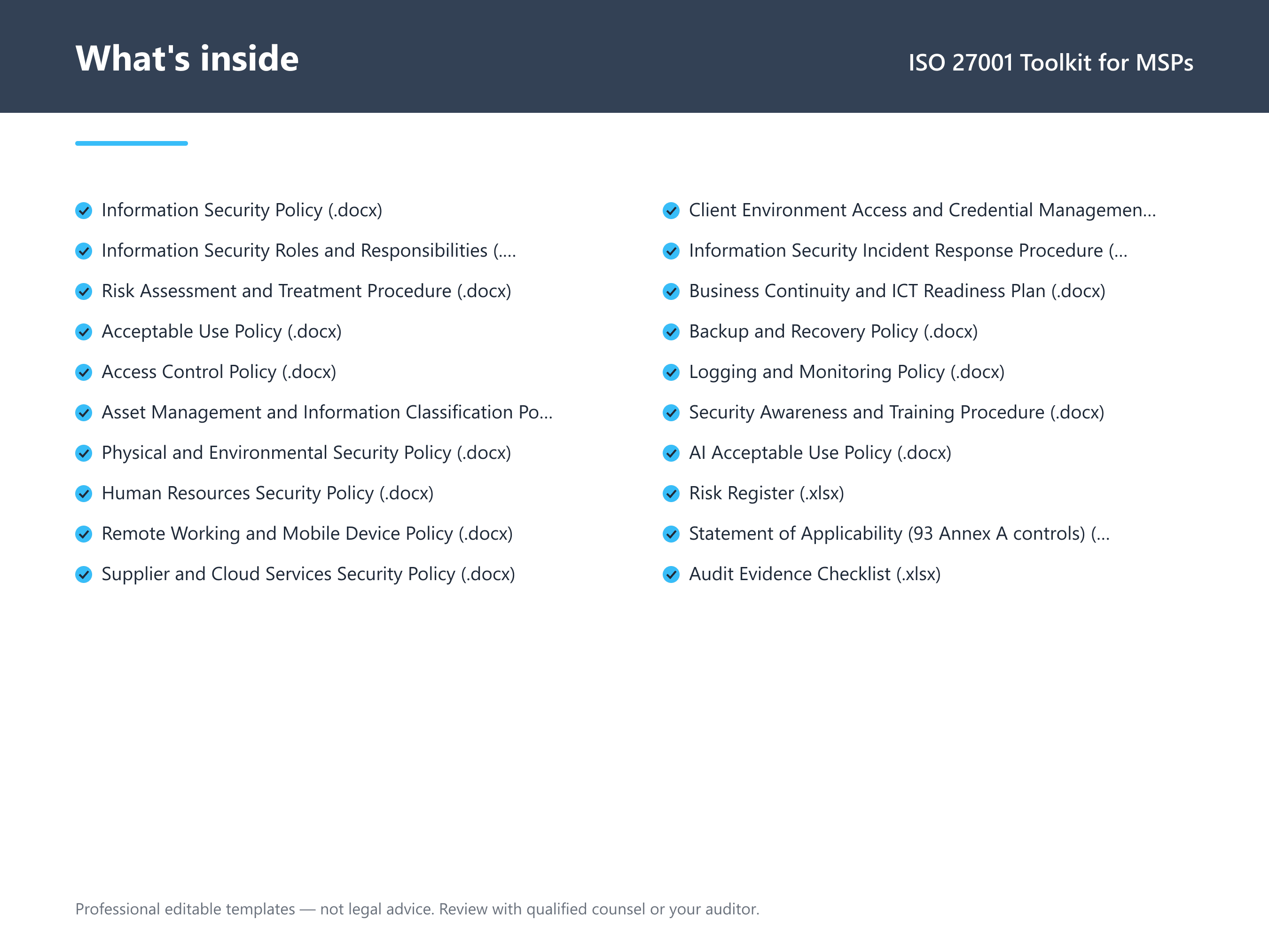 What's inside the ISO 27001 Toolkit for MSPs — 17 compliance document templates