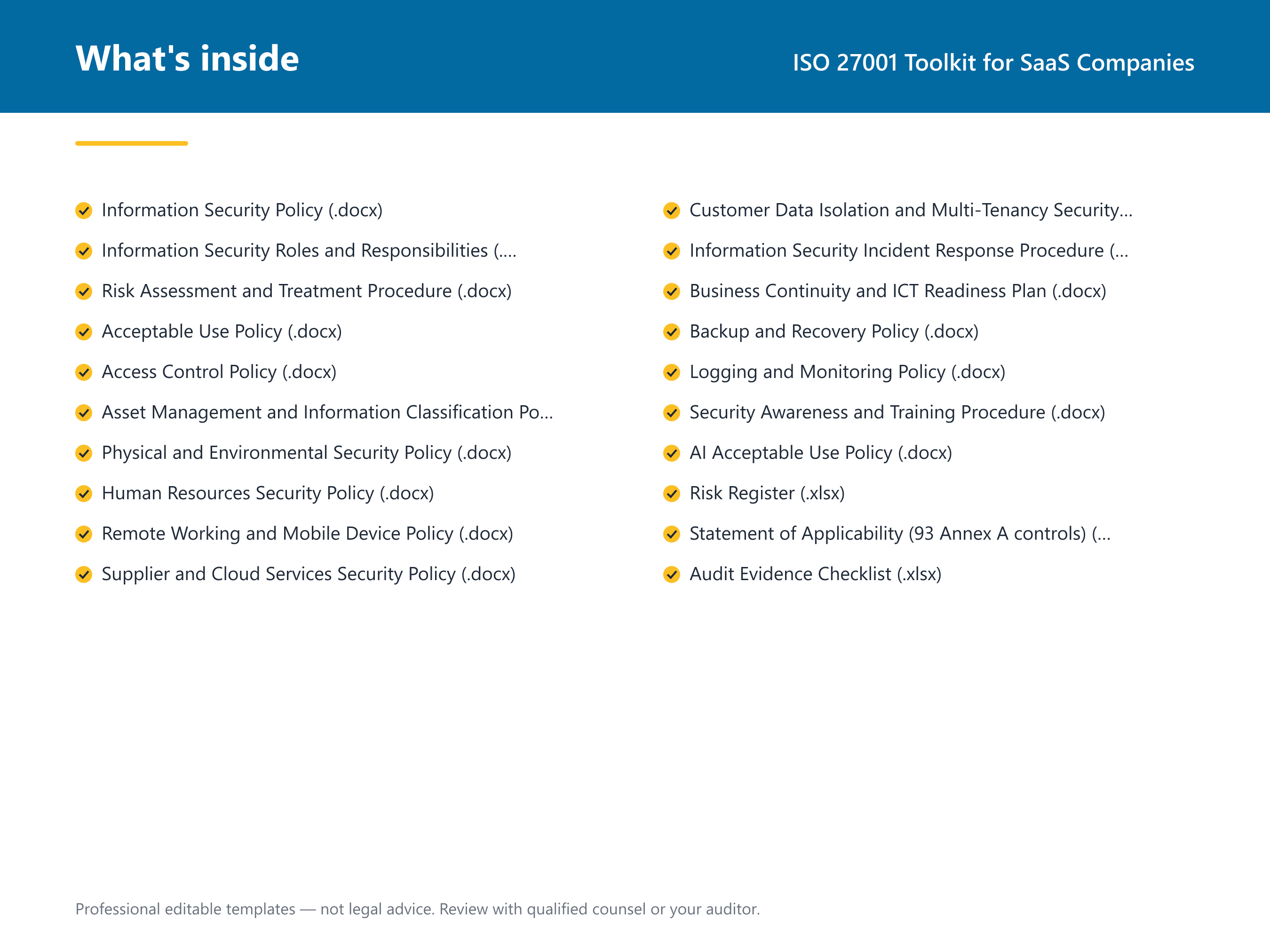 What's inside the ISO 27001 Toolkit for SaaS Companies — 17 compliance document templates