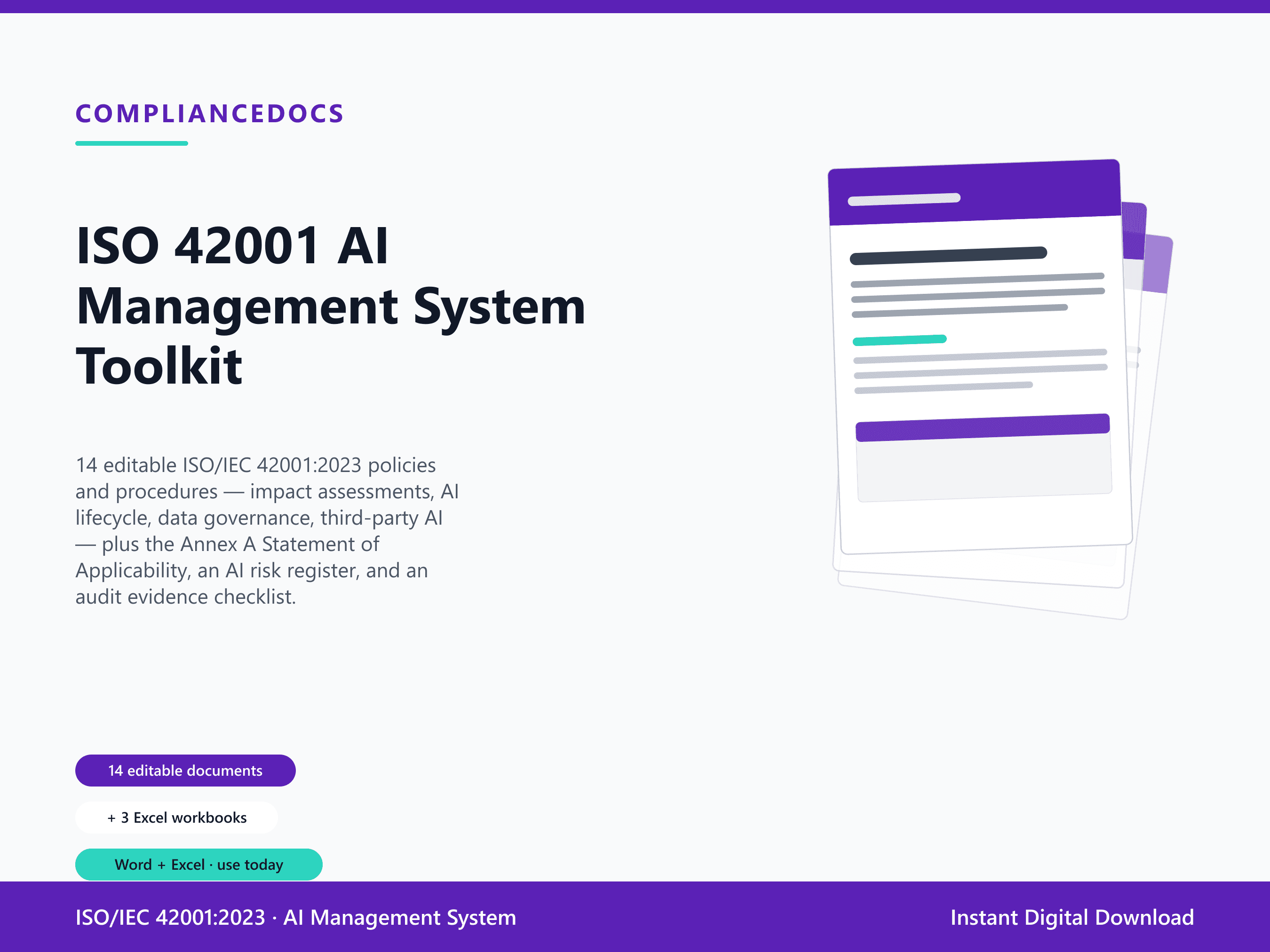 ISO 42001 AI Management System Toolkit — 14 editable ISO/IEC 42001:2023 AI Management System document templates in Word and Excel