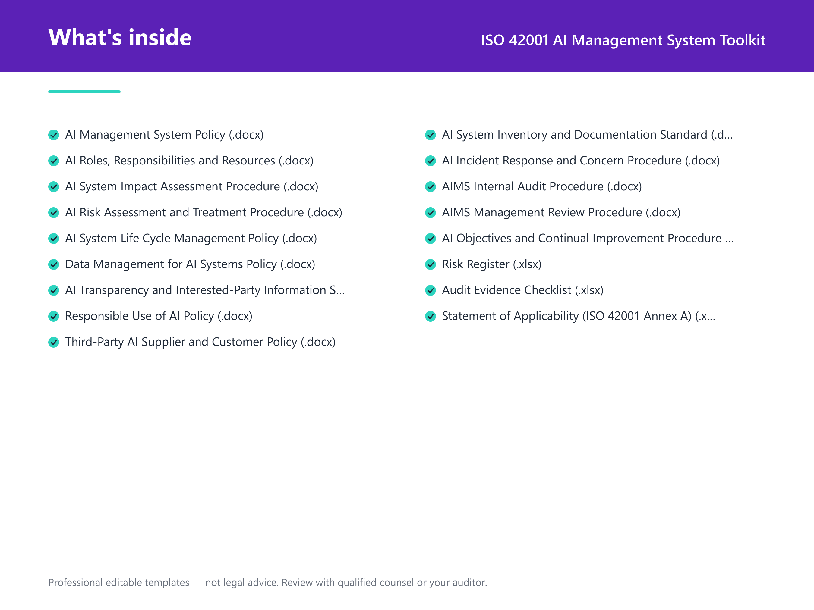 What's inside the ISO 42001 AI Management System Toolkit — 14 compliance document templates