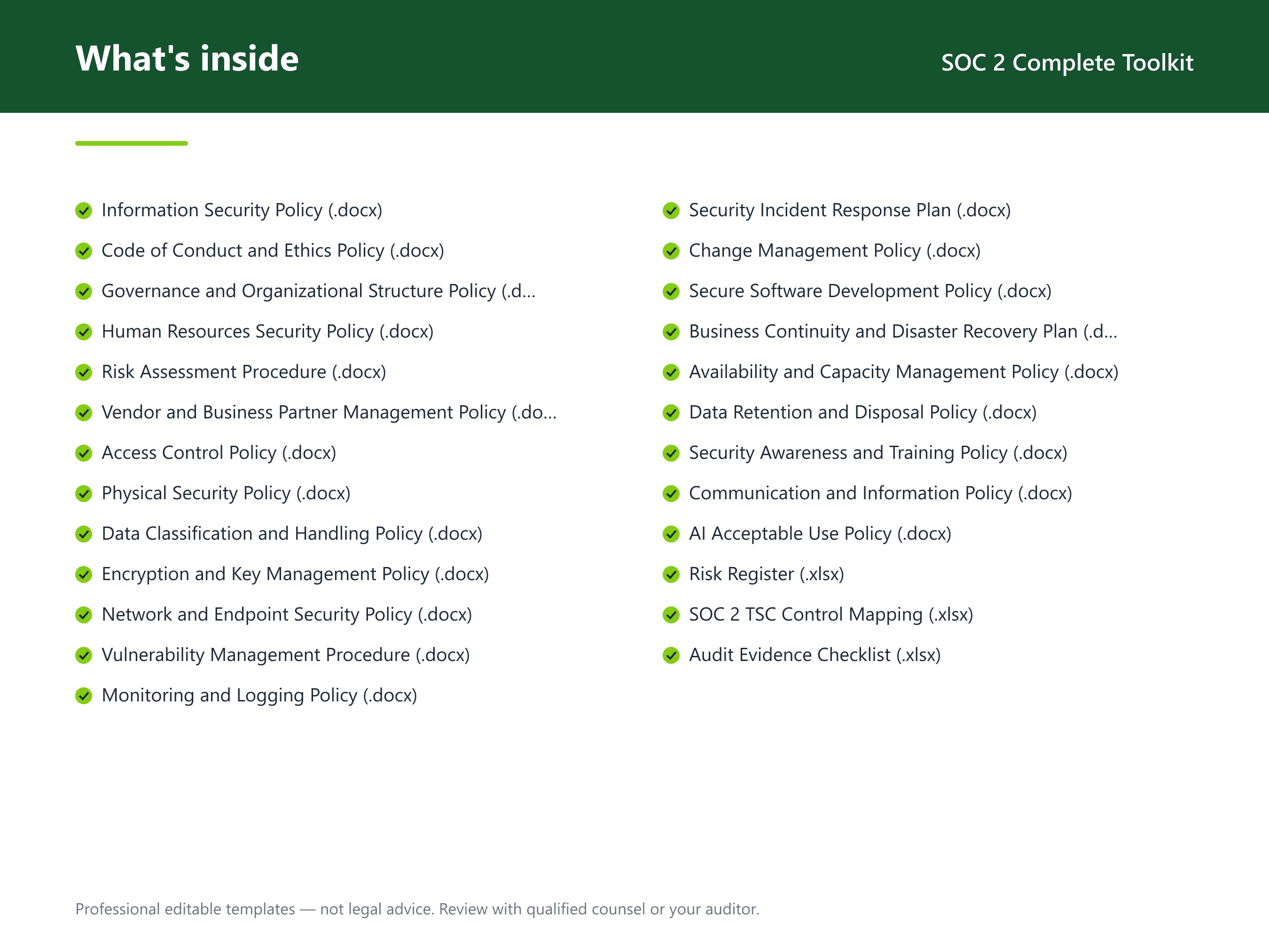 What's inside the SOC 2 Complete Toolkit — 22 compliance document templates