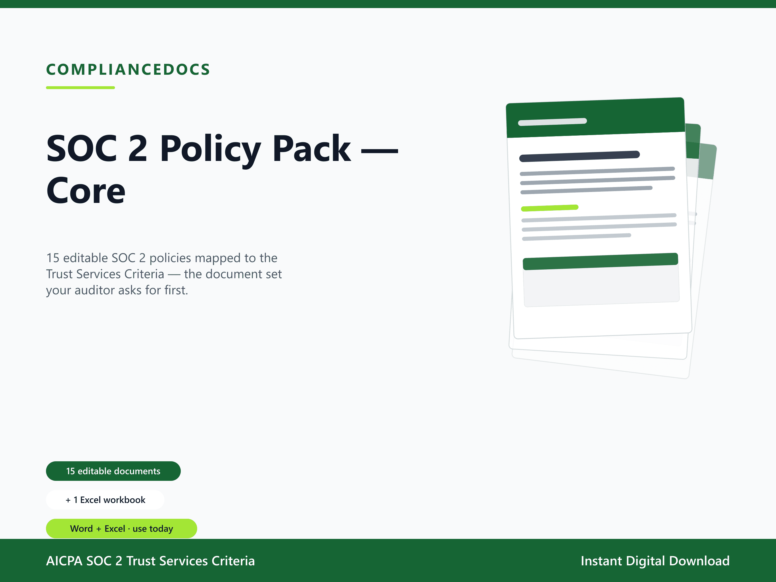 SOC 2 Policy Pack — Core — 15 editable SOC 2 Trust Services Criteria document templates in Word and Excel
