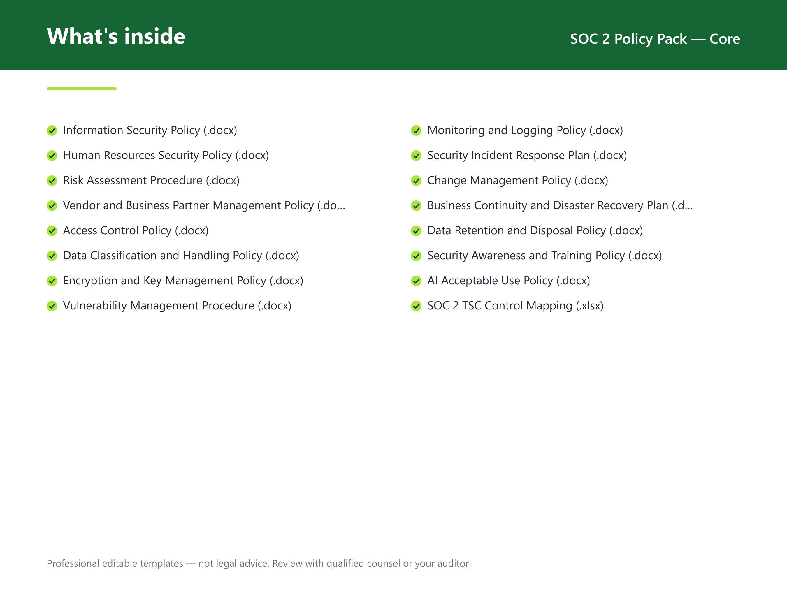What's inside the SOC 2 Policy Pack — Core — 15 compliance document templates