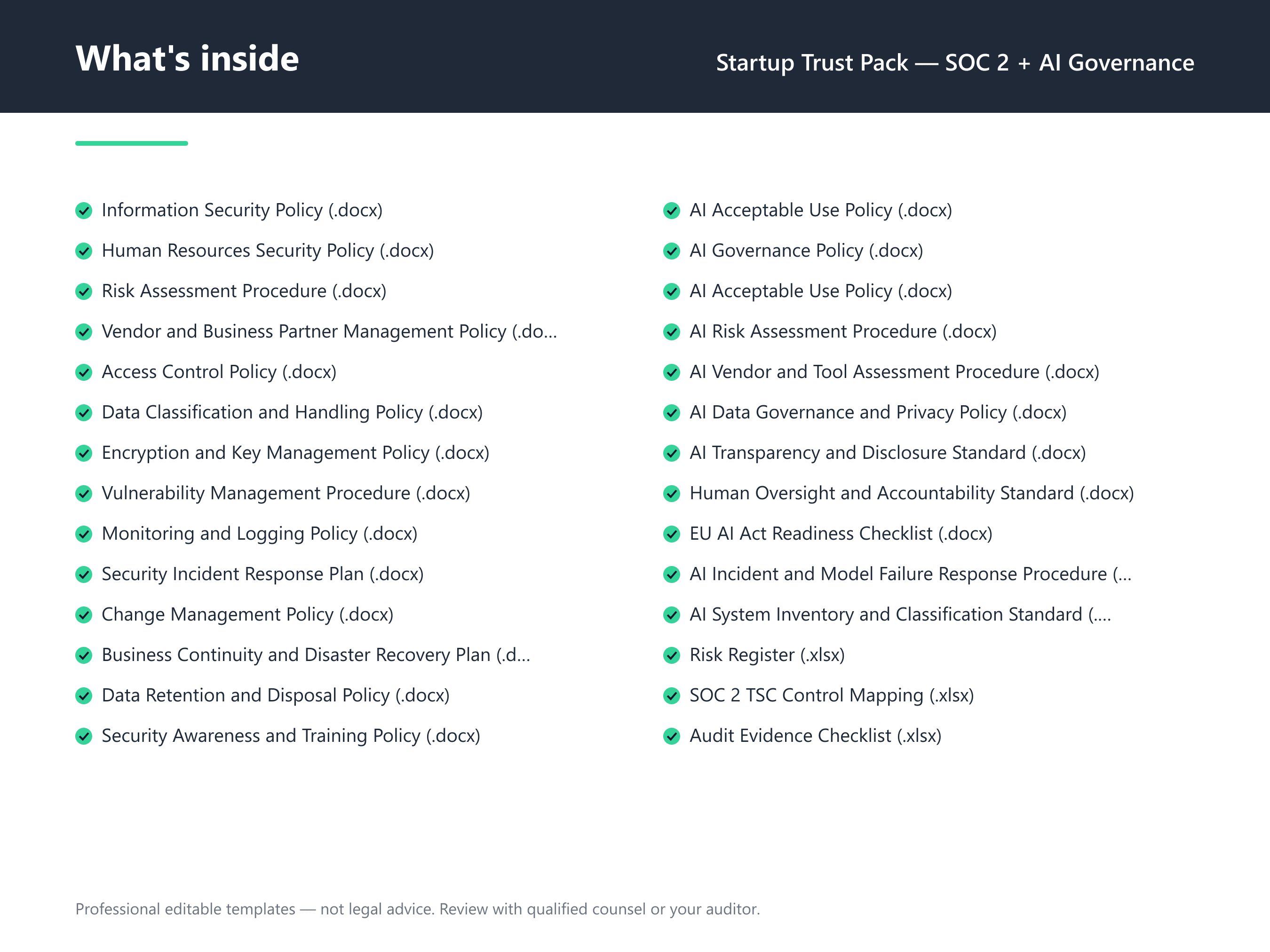What's inside the Startup Trust Pack — SOC 2 + AI Governance — 25 compliance document templates