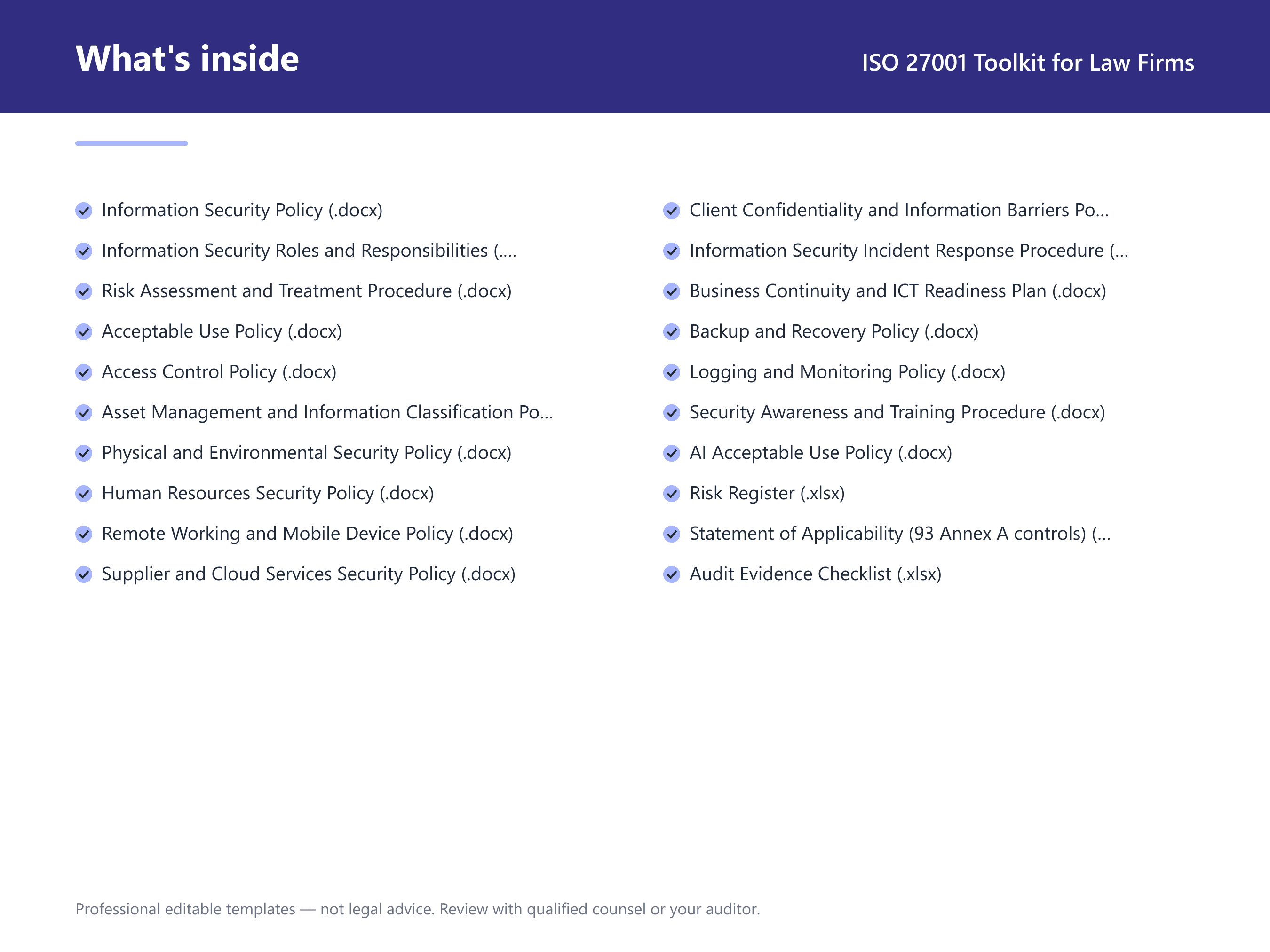 What's inside the ISO 27001 Toolkit for Law Firms — 17 compliance document templates