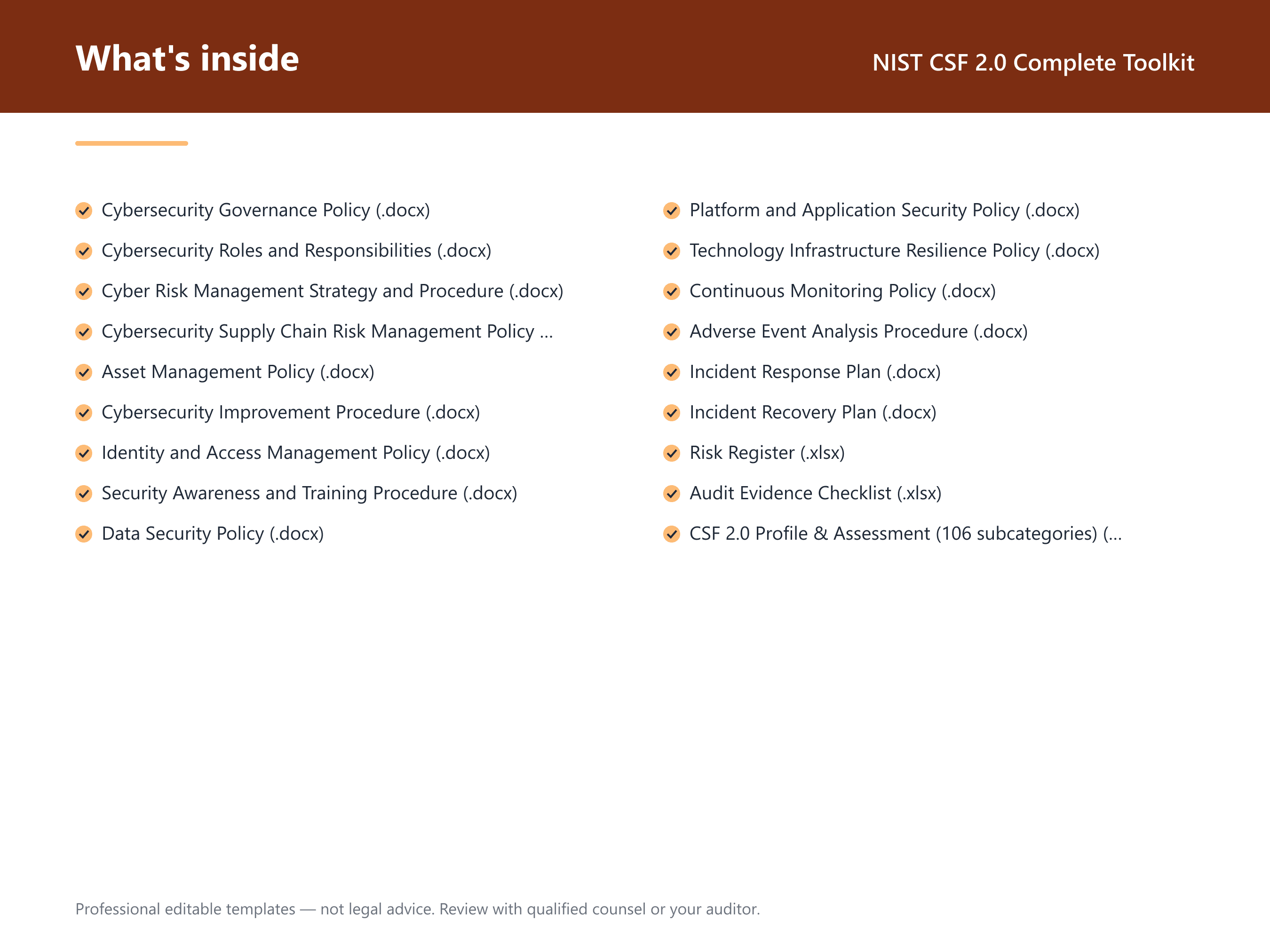 What's inside the NIST CSF 2.0 Complete Toolkit — 15 compliance document templates